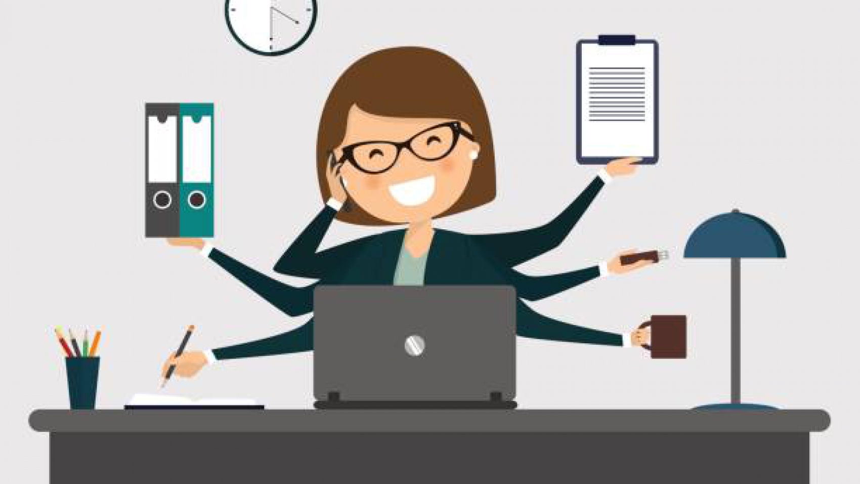 Busy secretary smiling with laptop. Vector illustration